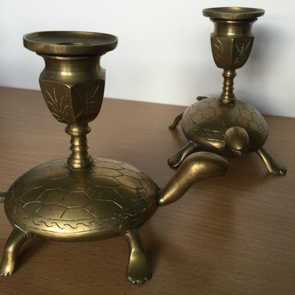 Vintage pair Chinese solid brass Candlestick holders Turtle base removeable top - Picture 4 of 8